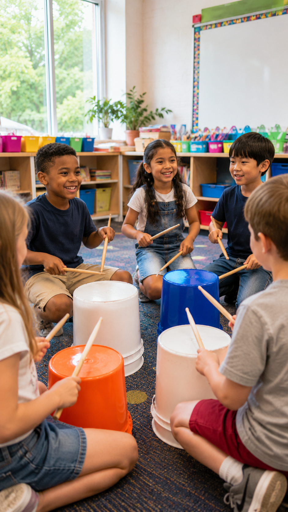 Group of young children using drumsticks on buckets