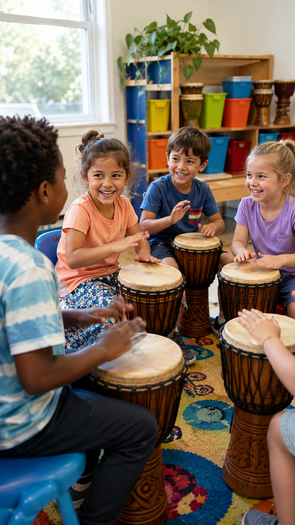 Group of young children playing djembe drums